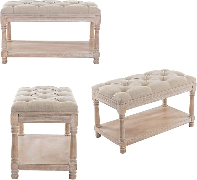 DUOMAY Farmhouse Tufted Storage Ottoman Bench with Shelf, 31.5" Width Linen Upholstered Entryway Shoe Ottoman Foot Stool for Bedroom Living Room Dining Room, Beige