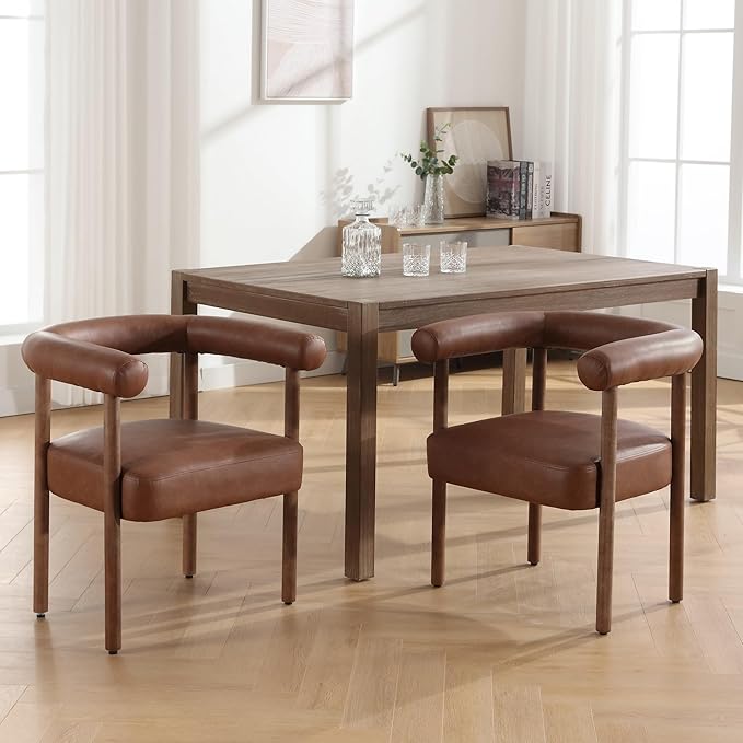 Mid-Century Modern Dining Chairs Set of 2, Armrest Barrel Dining Chairs Side Accent Chairs with Curved Back, Upholstered Wood Armchairs for Kitchen, PU Leather Brown