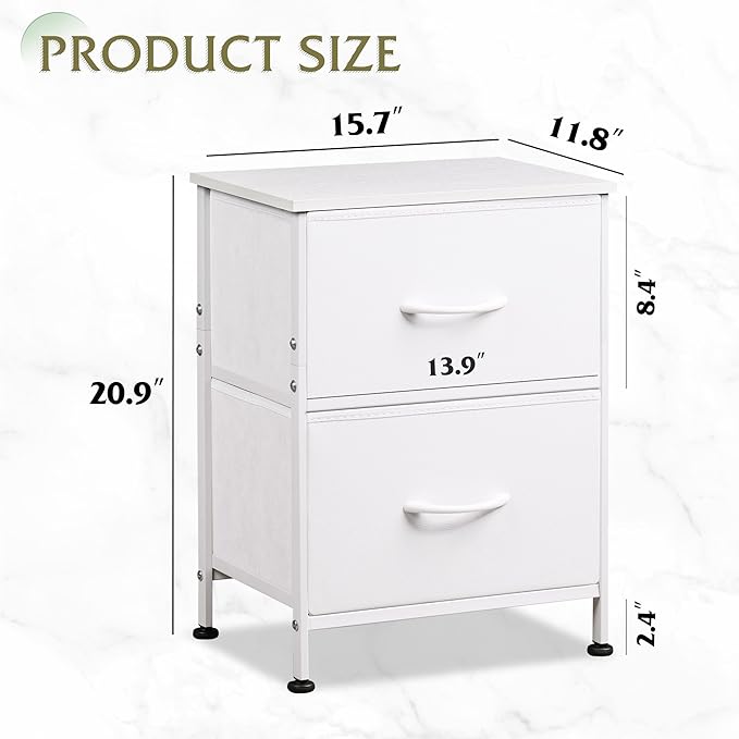 WLIVE White Night Stand, Small Dresser with 2 Drawers & Wooden Top, Nightstand with Fabric Bins, Bedside Table End Table for Bedroom, Closet, Entryway, College Dorm, White