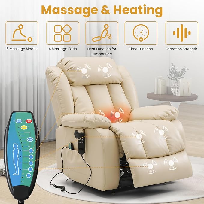 PARKOL Dual Motor Power Lift Recliner Chair for Elderly, 180-Degree Infinite Position Lay Flat Leather Recliner Chairs, with Massage and Heating, USB & Type-C Port and Remote (Beige, Medium)