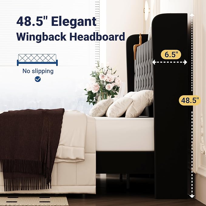 Allewie King Size Bed Frame, Storage Headboard with Charging Station, Wingback Velvet Upholstered, Diamond Stitched Button Tufted, Sturdy Wooden Slats, No Box Spring Needed, Easy Assembly, Black