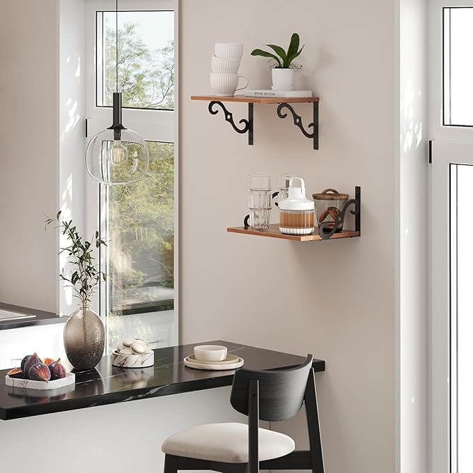 DINZI LVJ Deep Floating Shelves, 16" W x 12" D Wall Shelves Set of 2, Wide Display Shelf Mounted with Brackets, Easy-to-Install Wall Bookshelf for Living Room, Bathroom, Bedroom, Rustic Brown