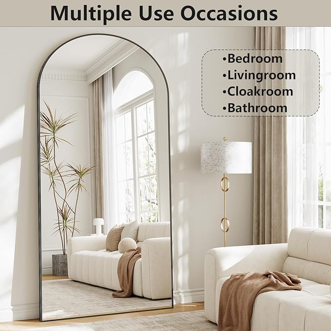 Mirror Full Length, 78"x35" Oversized Arched Floor Full Length Mirror with Stand, Room Decor Big Full Body Floor Mirror with HD Tempered Glass Aluminum Frame for Bedroom Living Room, Black