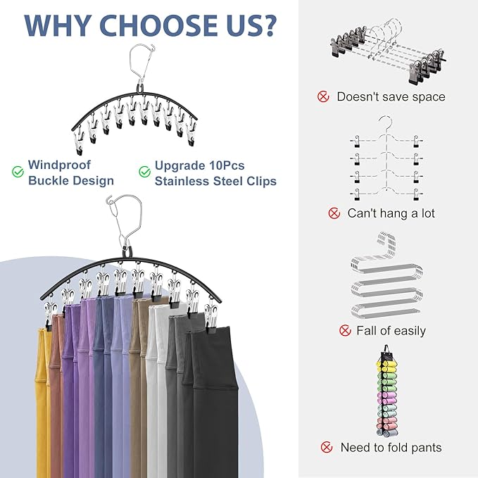 3 Pack Skirt Pants Hangers with Clips, Legging Organizer for Closet Hanging with 10 Cilps Holds 30 Leggings/Shorts/Jeans/Skirts Pants Hangers Space Saving Closet Organizers and Storage, Black