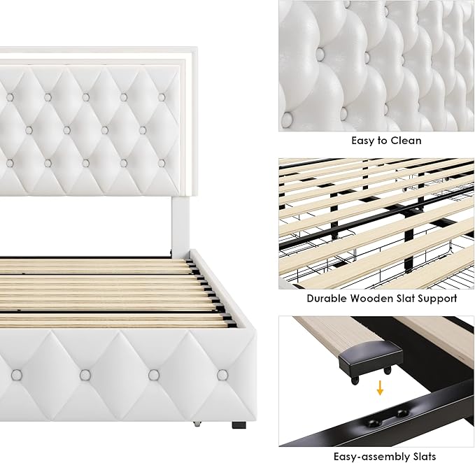 Keyluv Full Upholstered LED Bed Frame with 4 Drawers, Pu Leather Platform Storage Bed with Adjustable Button Tufted Headboard and Solid Wooden Slats Support, No Box Spring Needed, White