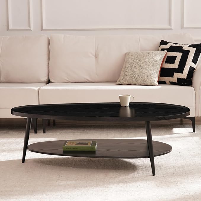 Shrine Black Oval Coffee Table, Mid-Century Modern Coffee Table, Black Walnut Wood Table for Living Room, D47''x W23.6''x H15'', Sleek Conical Metal Legs with Black Finish