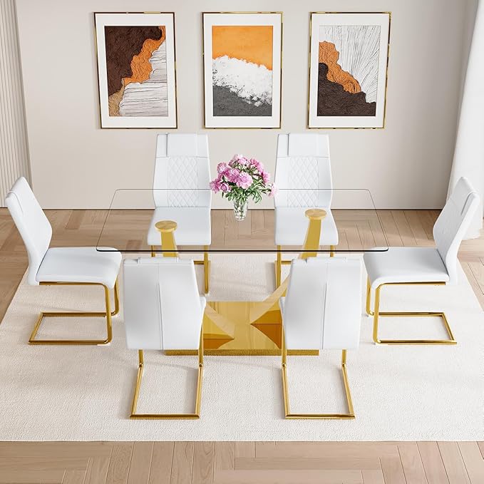 AZmac 63" Glass Dining Table Set for 6,Luxury Gold Dining Room Set with Stainless Steel Pedestal, Rectangular Tempered Glass Kitchen Table with PU Leather Chairs, for Kitchen Apartment