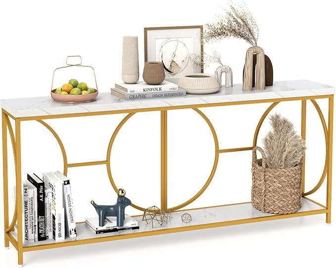 GOFLAME 71” Extra Long Console Table, 2-Tier Faux Marble Entryway Table with Storage Shelf, Geometric Metal Frame, Modern Gold Accent Table, Narrow Sofa Table for Living Room, Hallway