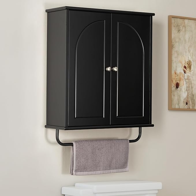 Bathroom Storage Cabinet with Adjustable Wood Shelves, Unique Arched Groove Design On The Door, Wall Mounted with Towels Bar, Over The Toilet Storage Cabinet with DTC Silent Buffering Hinge