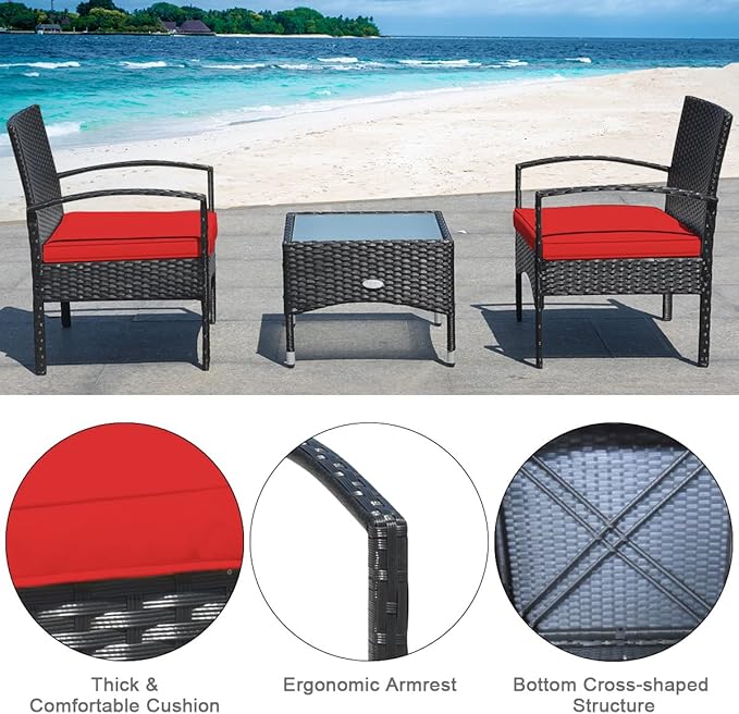 COSTWAY 3 PCS Patio Wicker Conversation Set, PE Rattan Sofa with Tempered Glass Coffee Table, 2 Chairs, 2 Cushions, Outdoor Patio Furniture Set for Yard Porch Bistro Balcony Backyard Pool, Red