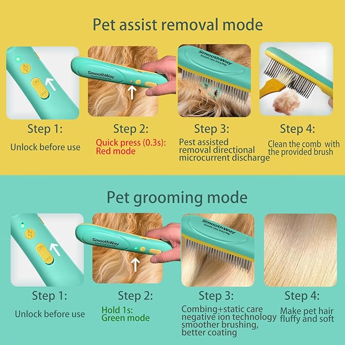 Professional 3-Row Tick & Flea Comb for Pets - Stainless Steel Teeth with Negative Ion Technology | Electric Grooming Tool for Tick Removal on Dogs, Cats & Long-Haired Animals