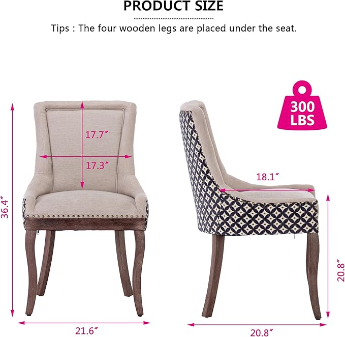Farmhouse Dining Chairs Set of 2, Upholstered Fabric Dining Room Accent Chairs with Wood Legs & Bronze Nailhead, High Wingback Kitchen Chairs for Living Room Hotel Apartment, Beige Patterned