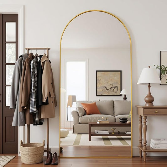 Full Length Mirror, 82"x44" Arched Floor Mirror Freestanding, Floor Standing Full Body Mirror with Stand for Bedroom, Hanging Mounted for Living Room Cloakroom, Gold