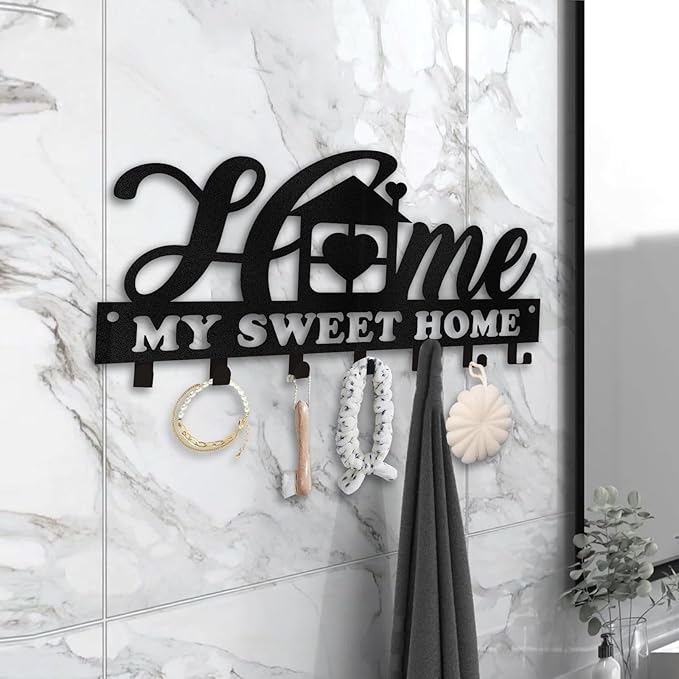 Personalized Sweet Home Key Holder - Black Metal Key Hanger Wall Decorative, Organizer with Hooks, Housewarming Gifts
