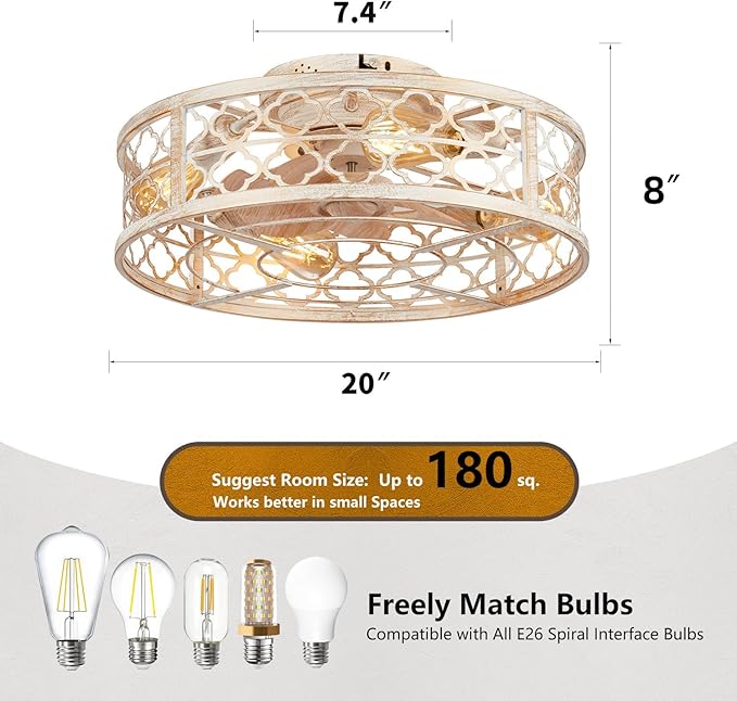 Farmhouse Ceiling Fans with Lights Remote Control,6 Speed Reversible Flush Mount Low Profile Rustic Antique White Ceiling Fan with Light,Boho Bladeless Country Caged Ceiling Light Fixture