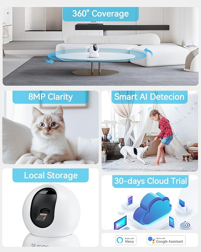 blurams 4K Ultra HD Indoor Cameras for Home Security, Home Camera with One-Touch Call, Color Night Vision, Motion Tracking, 5GHz/2.4GHz Wi-Fi, Cloud & SD Card Storage, Wi-Fi 6