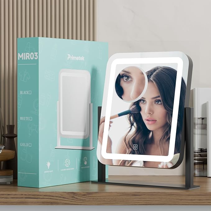 PRIMETEK Vanity Mirror with Lights, 16"x14" Large LED Lighted Makeup Mirror, Hollywood Makeup Mirror, Touch Screen, 3-Color Lighting, 5X Magnification, for Vanity Desk Tabletop, Bedroom, Black