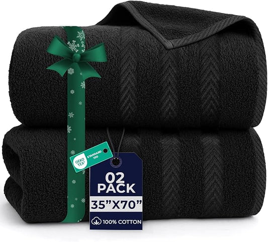 DAN RIVER 2 Pack Luxury Bath Sheets 35x70, 600 GSM, Soft & Quick Dry 100% Ring Spun Cotton Towels Ideal for Hotels, Spas, Gyms & Salons Extra Large, Black