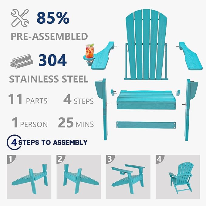 Plawdlik Folding Adirondack Chair, SGS Tested, Wooden Textured with Cup Holder, Heavy All-Weather HDPE Comfortable Set Poolside Backyard Lawn Aruba Blue