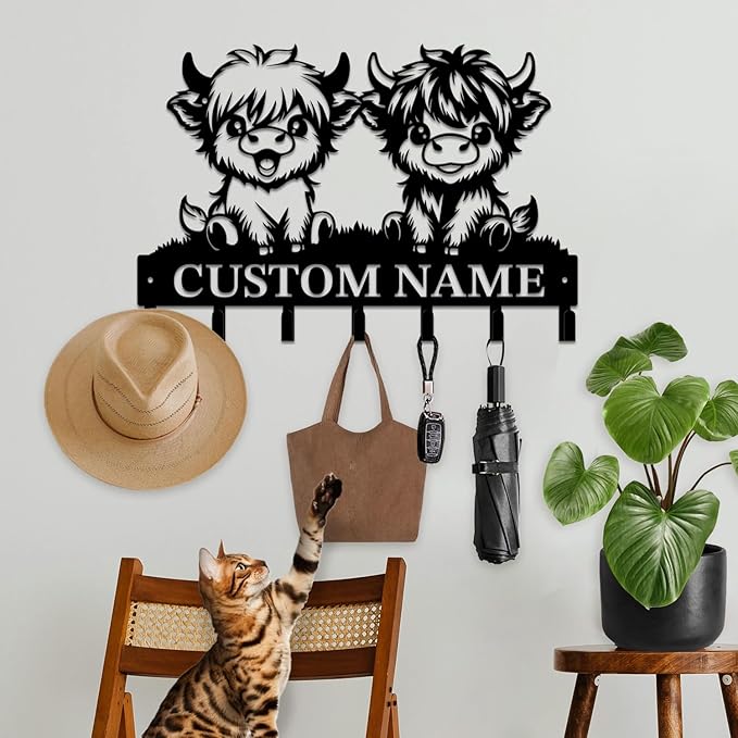 Personalized Highland Cow Metal Keys Hooks,Custom Name Metal Highland Cow Keys Hooks,Black Metal Highland Cow Wall Home Storage Decorative Keys Hooks,Key Holder Hooks for Wall (Style B)