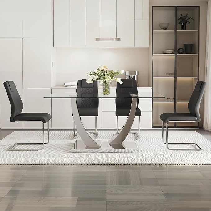 AZmac 63” Glass Dining Room Table Set for 4, Modern Kitchen Table and Chairs Set of 4, Dining Sets with Rectangular Tempered Glass and Sturdy Silver Chrome Base, for Kitchen Home