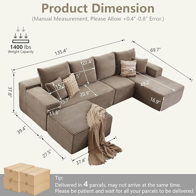 135" U-Shape Cloud Couch, Modern Modular Sectional Comfy L-Shape Sofa with Ottoman, Deep Seat, Upholstered Corduroy Sleeper Chaise Longue for Living Room Bedroom, No Assembly Required, Camel