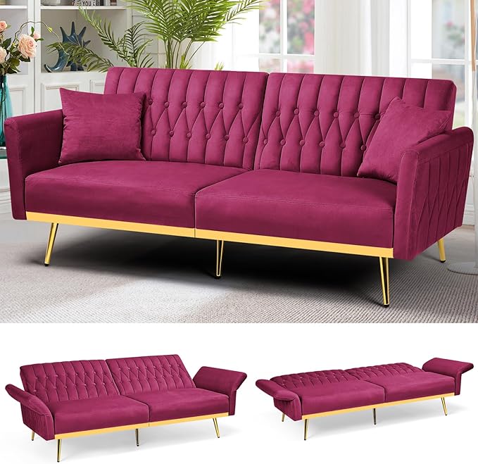 70” Velvet Futon Sofa Bed with 2 Pillows and Adjustable Armrests, Convertible Sleeper Bed W/Adjustable Backrests, Modern Loveseat for Living Room, Bedroom, Fuchsia