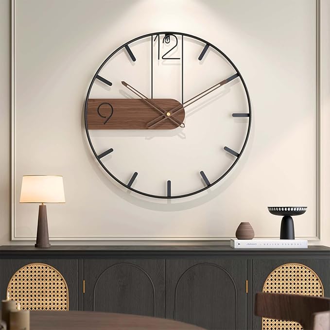 Modern Large Wall Clock 24 Inch, Wood Metal Frame Silent Non Ticking Battery Operated Wall Clocks Decoration for Living Room, Bedroom, Kitchen, Minimalist Walnut Dial Arabic Numerals