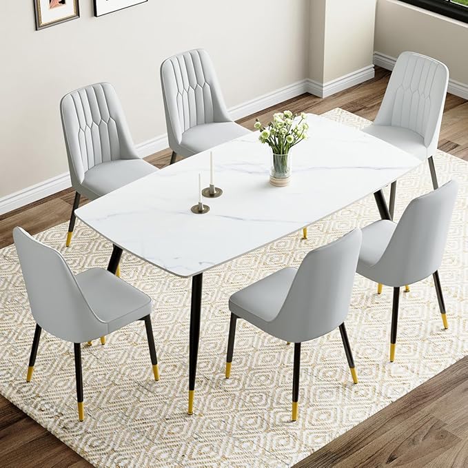 7 Piece Modern Dining Set, 62'' Sintered Stone Dinner Table for 6, 6 Chairs, Easy to Assemble