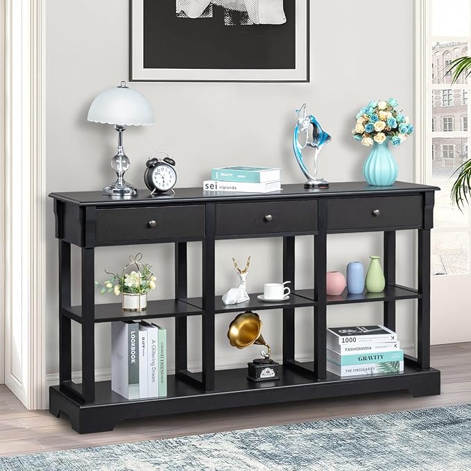 Karl home Console Table with 3 Drawers, 58" W Entryway Desk Sofa Side Table with 6 Bottom Cube Storage Shelves, Vintage TV Stand for Hallway Living Room Office, Black 32.5" H