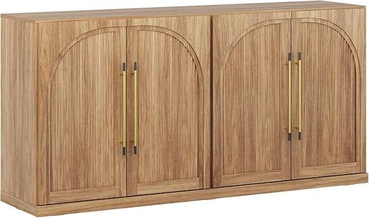 BELLEZE 65 Inch Sideboard Cabinet with Double-Arc Wood Doors, Large Buffet Cabinet with Storage and Adjustable Shelves, Classic Modern Console Table for Dining Room Living Room Entryway (Camel)