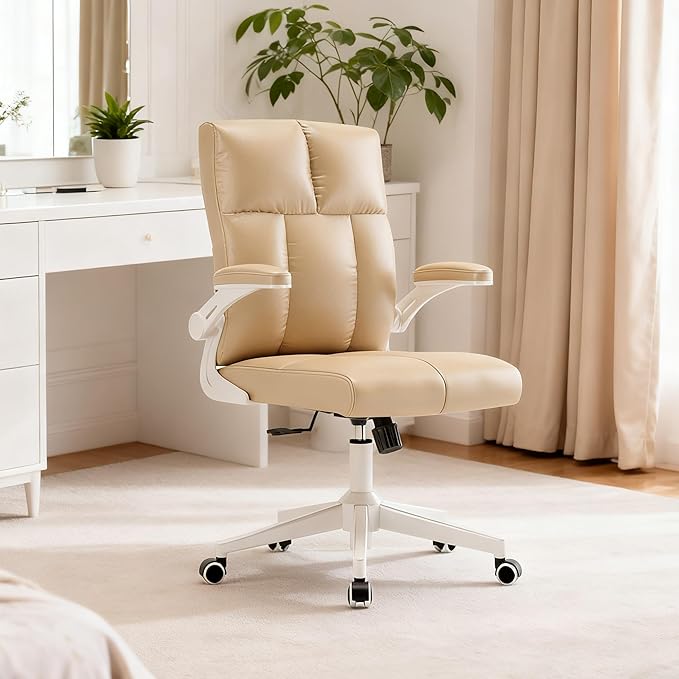 Computer Chair, Ergonomic Home Office Desk Chair with Space Saving Flip-Up Arms, 360° Swivel & Reclining Back, High-Back Executive Chair in Soft Faux Leather Chair Multi-Angle from 90° to 135°