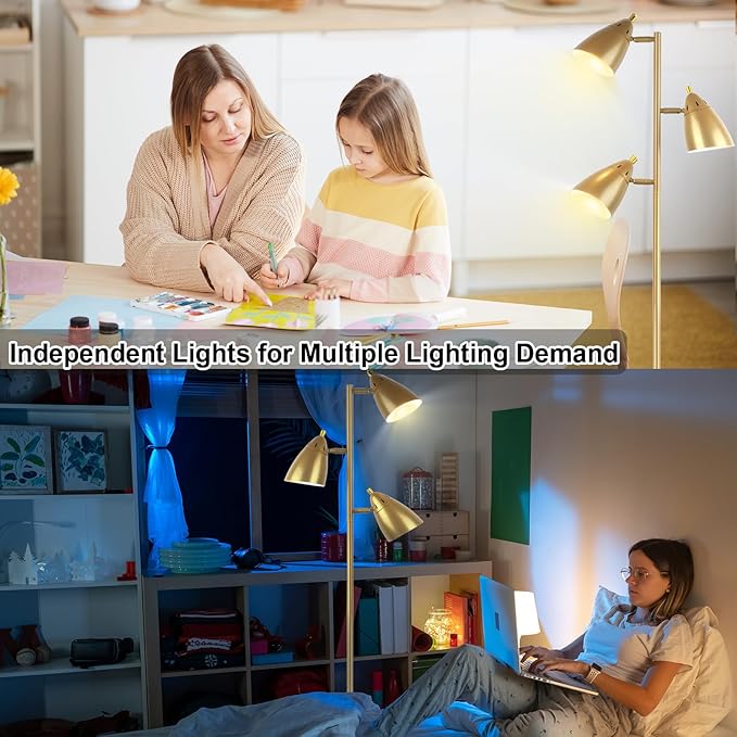 Tree Floor Lamp for Living Room, Industrial 3-Light Standing Lamp with 3 LED Bulbs, Adjustable Rotation Heads, Standing Tall Pole Lamp Farmhouse Rustic Reading Lamps for Bedroom Office (Gold)