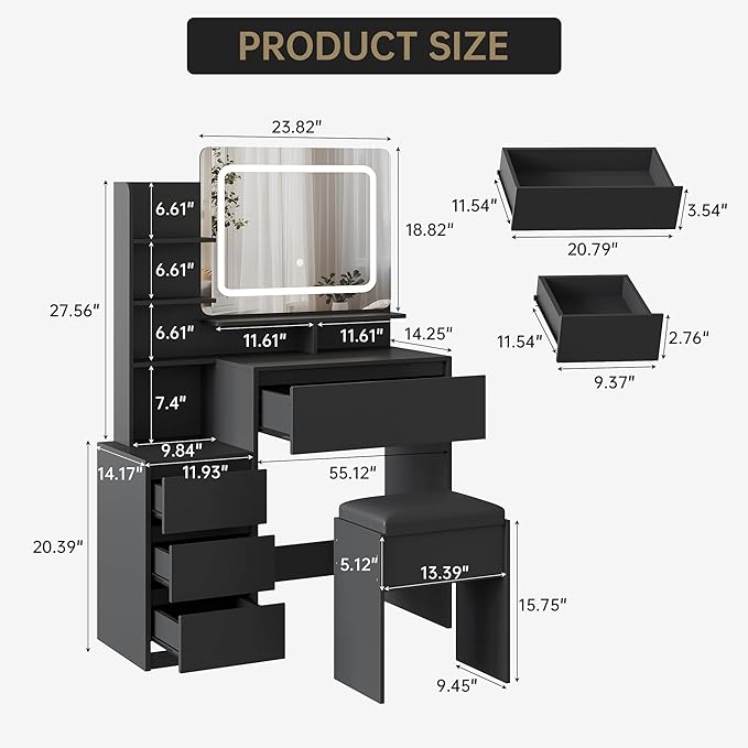 GAOMON Makeup Vanity Desk with Mirror and Lights - 36" Vanity Table Set with 4 Drawers, Power Outlet, USB Ports, Stool, Dressing Table with 3 Lighting Color Adjustable for Bedroom, Women, Black