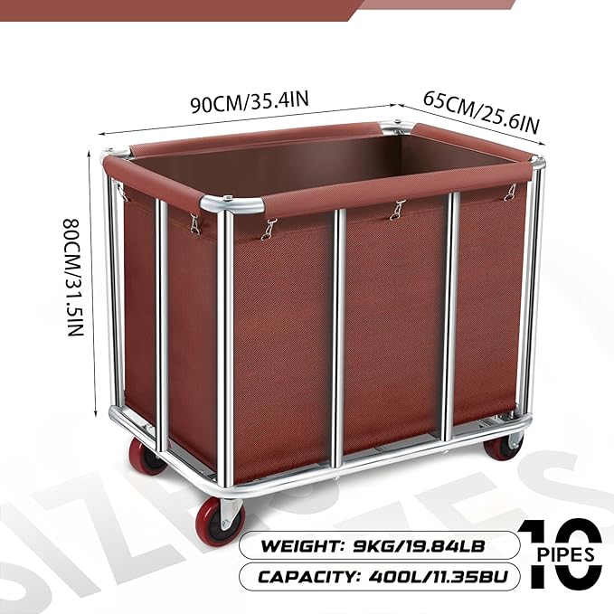 Commercial Laundry Cart on Wheels, 11.35 Bushels Large Roller with Removable Waterproof Canvas Lined Basket, Heavy Duty Stainless Steel for Hotels and Hospitals
