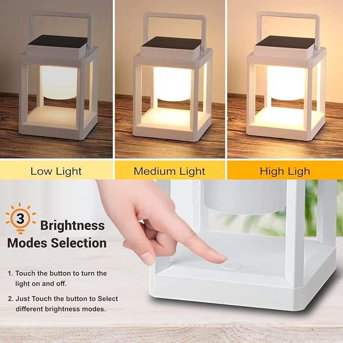 LETRY Outdoor Table Lamp, 3-Level Brightness LED Nightstand Lantern, Portable Rechargeable Solar Lamp IP44 Waterproof, Touch Control Outdoor Cordless Lantern for Patio/Walking/Reading/Camping