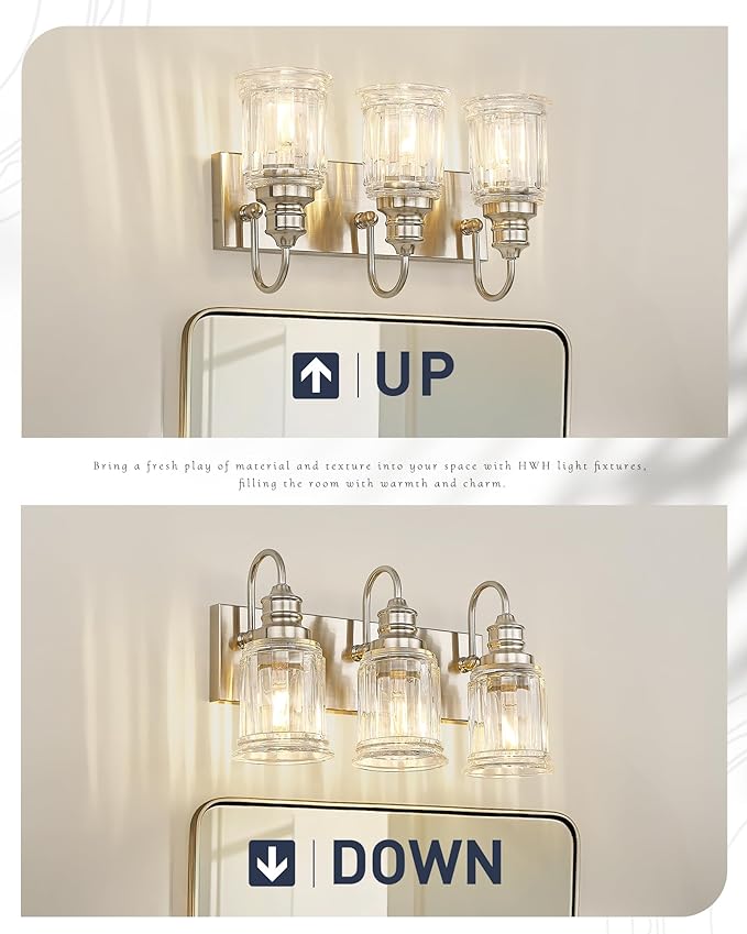 Bathroom Light Fixture, HWH 3-Light Vanity Light Brushed Nickel Modern Bathroom Lights Over Mirror, Bell-Shaped Fluted Glass, 5HZG106B-3W BN