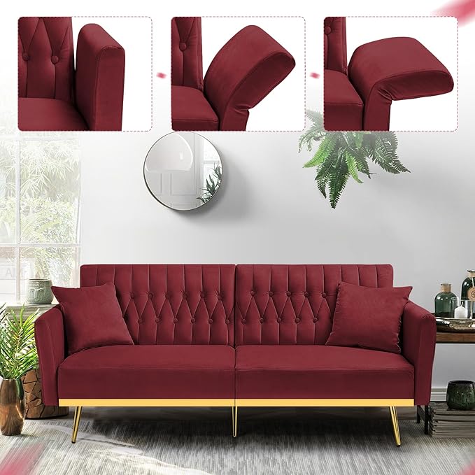 70” Velvet Futon Sofa Bed with 2 Pillows and Adjustable Armrests, Convertible Sleeper Bed W/Adjustable Backrests, Modern Loveseat for Living Room, Bedroom, Red
