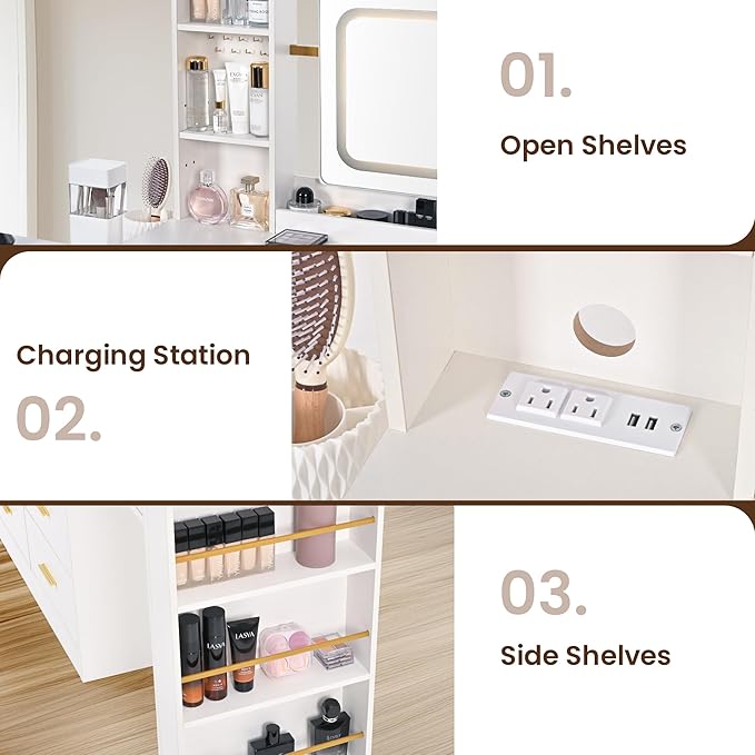 Pamapic 8 Drawers Vanity Desk with Mirror and Lights,Makeup Vanity with Power Outlet, 15 Storage Dresser with Mirror, Adjustable Width, Golden Handles Dressing Table, White