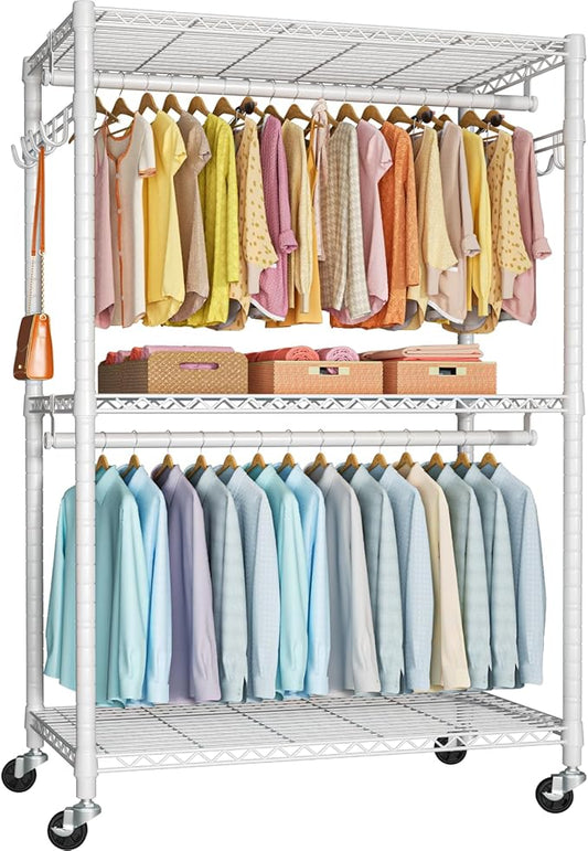 FUTASSI P1 Plus Rolling Clothes Rack, 22mm Diameter Heavy Duty Garment Rack with Wheels, Portable Closet Wardrobe with Double Rods, 45" W x 17.7" D x 80.5" H, Max Load 524 LBS, White
