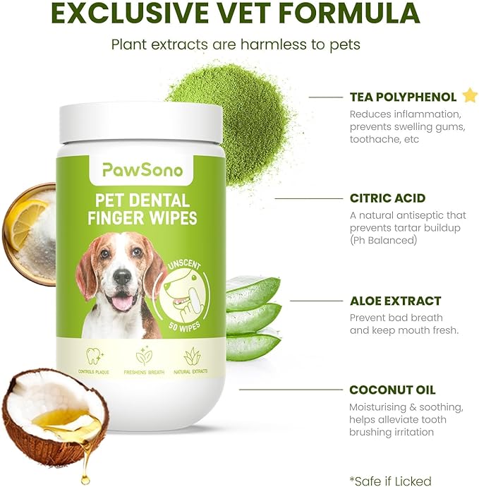 Dog Teeth Cleaning Wipes, Fresh Breath Pet Dental Finger Wipes for Dogs & Cats, Dog Dental Wipes Teeth Wipes, Lick-Safe Pet Toothbrus for Easy Removal of Tartar Buildup, Unscented - 50 PCS