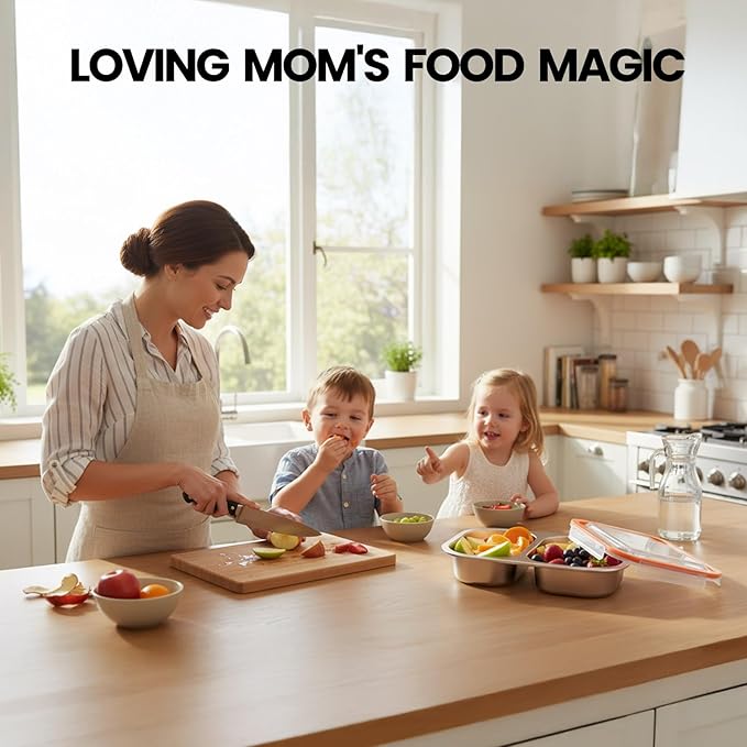 Snackle Box Container,Dishwasher,Reusable Snack Containers With Lids,2 Compartment Stainless Steel Snack Containers,Fruits, Snacks,Nuts,Salad,travel,800ML,White&Orange,2 Pack