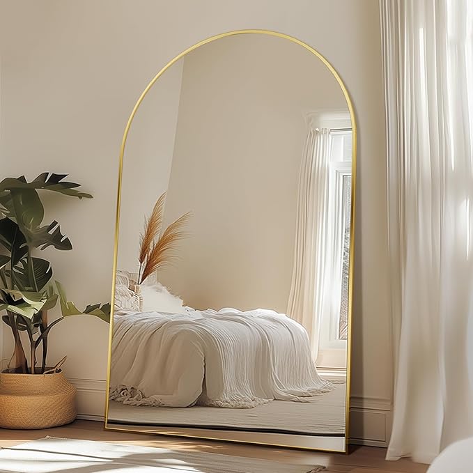 Full Length Mirror, 72"x44" Floor Mirror Freestanding, Oversized Floor Standing Mirror Full Body Mirrors with Stand for Bedroom, Hanging Mounted Mirrors for Living Room Cloakroom, Gold, Arched