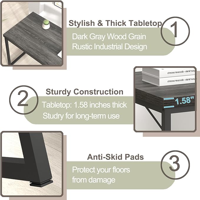 FOLUBAN Home Office Desk, Industrial Vintage Computer Desk, Rustic Wood and Metal Study Writing Table, Simple Work Gaming PC Desks for Bedroom Living Room, Dark Gray 53 Inch