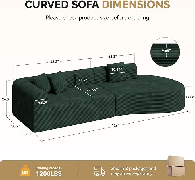 128" Oversized Modern Curved Sofa,Boneless Cloud Sectional Couch with Deep Seat,No Assembly Required Corduroy Couches for Living Room,Green,1 PCS