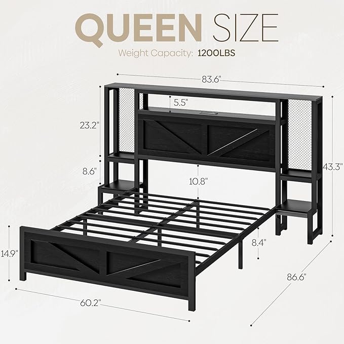 Queen Size Rustic Bed Frame with Storage Born Door Headboard and Bedside Storage, Industrial Farmhouse Metal Platform Bed Frame with Charging Station and LED Lights, Black