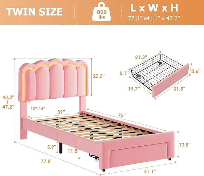 Twin Upholstered LED Bed Frame with Storage Drawer and Adjustable Chic Double Wavy Headboard, Velvet Princess Platform Bed for Girls/Kids, Solid Wood Slats Support, No Box Spring Needed, Pink