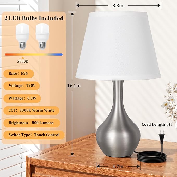 Seealle Touch Table Lamps for Nightstand Set of 2, 3-Way Dimmable Small Bedroom Lamps for Night Stands, Silver Bedside Lamps for Living Room, Kids Room, End Table(LED Bulbs Included)