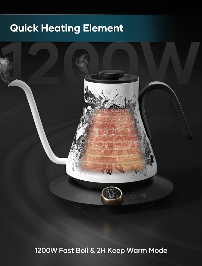 Cocinare FLOW M9 Gooseneck Electric Kettle with Precise ±1℉ Temperature Control for Pour-over Coffee and Tea, Stainless Steel Interior, Quick Heating Electric Kettle for Boiling Water (Blossom)