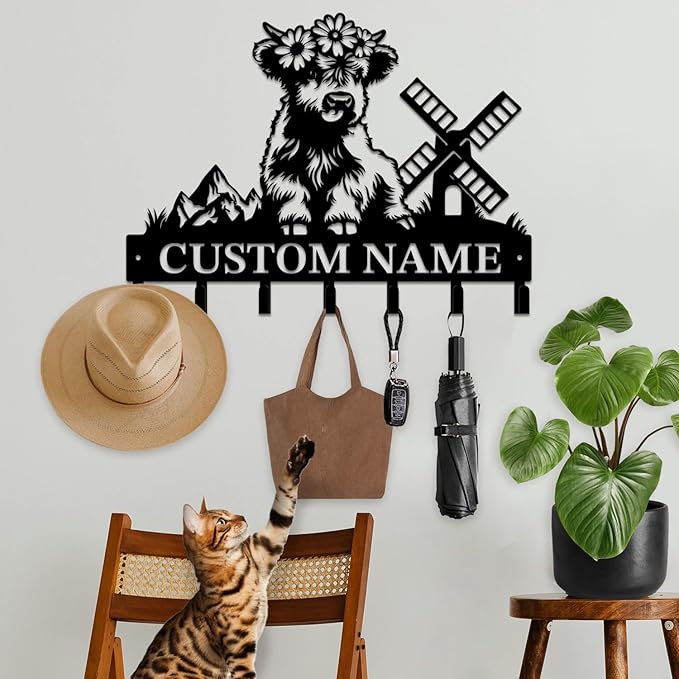 Personalized Highland Cow Metal Keys Hooks,Custom Name Metal Highland Cow Keys Hooks,Black Metal Highland Cow Wall Home Storage Decorative Keys Hooks,Key Holder Hooks for Wall (Style E)